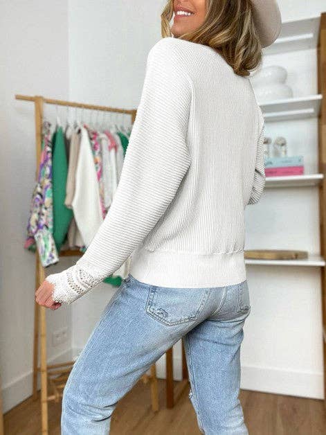 Supreme Fashion - Woman Solid Lace Long Sleeve Striped Top