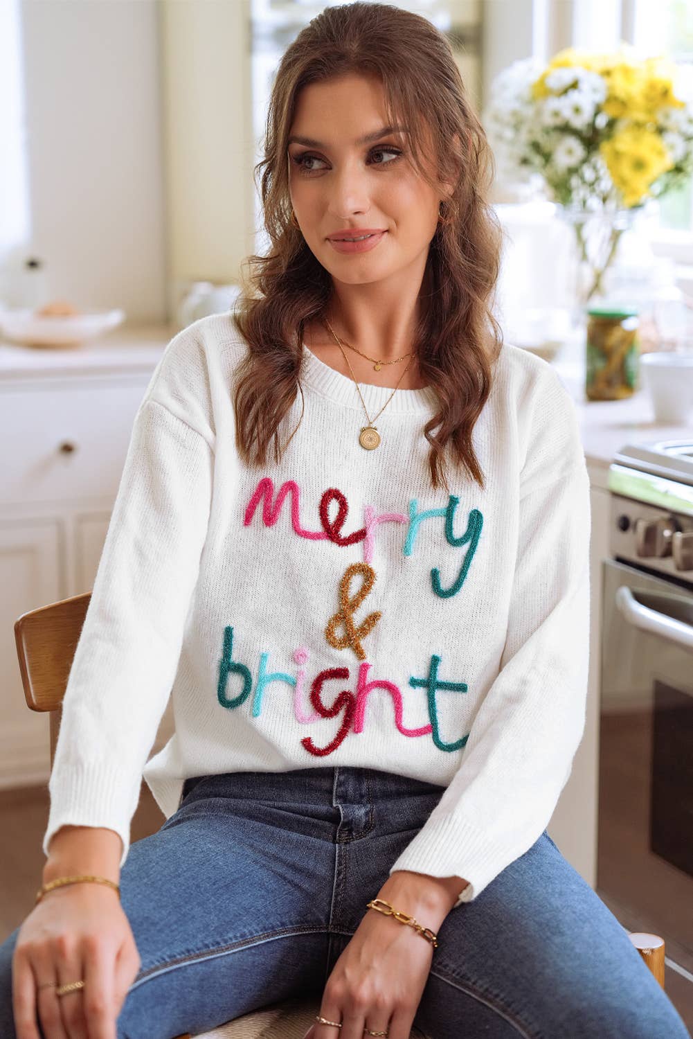 1 the Woman - Merry & Bright Round Neck Casual Sweater