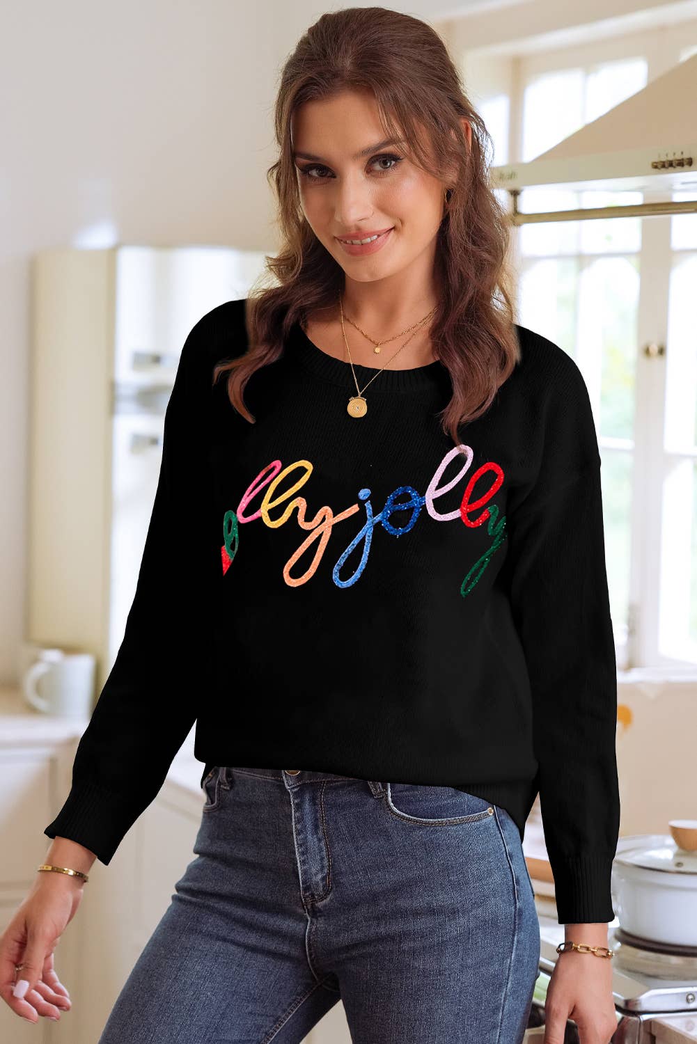 1 the Woman - Merry & Bright Round Neck Casual Sweater