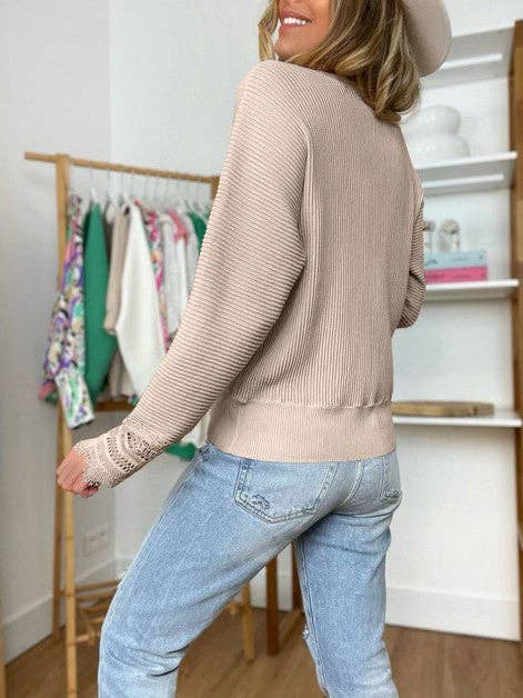 Supreme Fashion - Woman Solid Lace Long Sleeve Striped Top