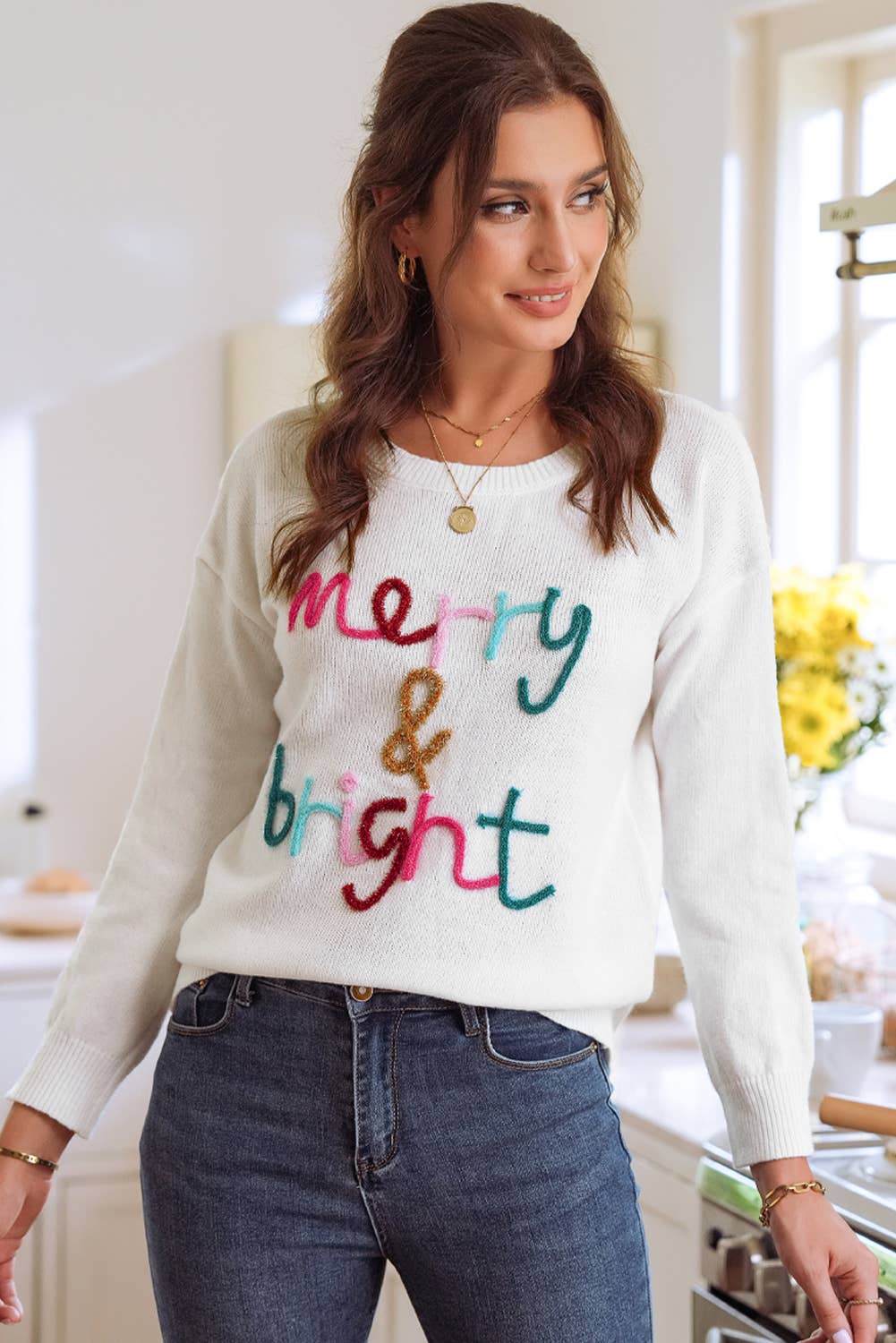 1 the Woman - Merry & Bright Round Neck Casual Sweater