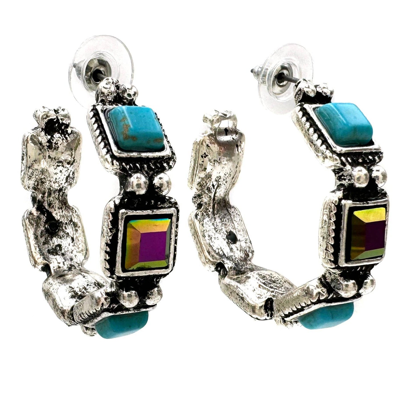 Lunar Deer - Turquoise Amethyst AB Rhinestone Square C Hoop Earrings