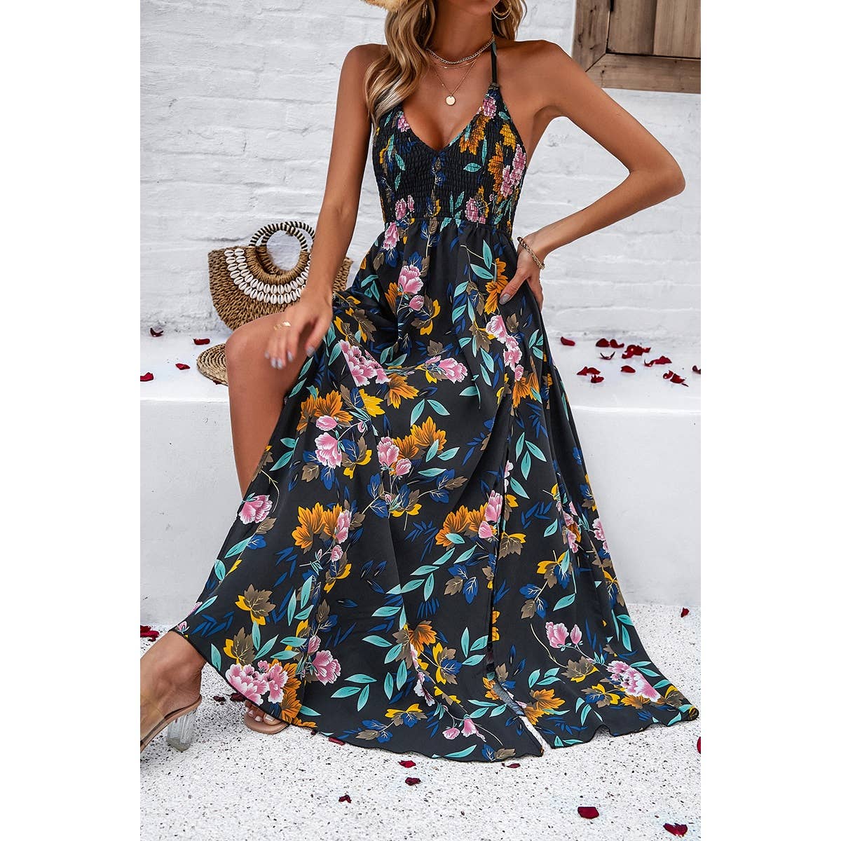 Supreme Fashion - Floral Back Knot Sleeveless Ruched Side Open Dress