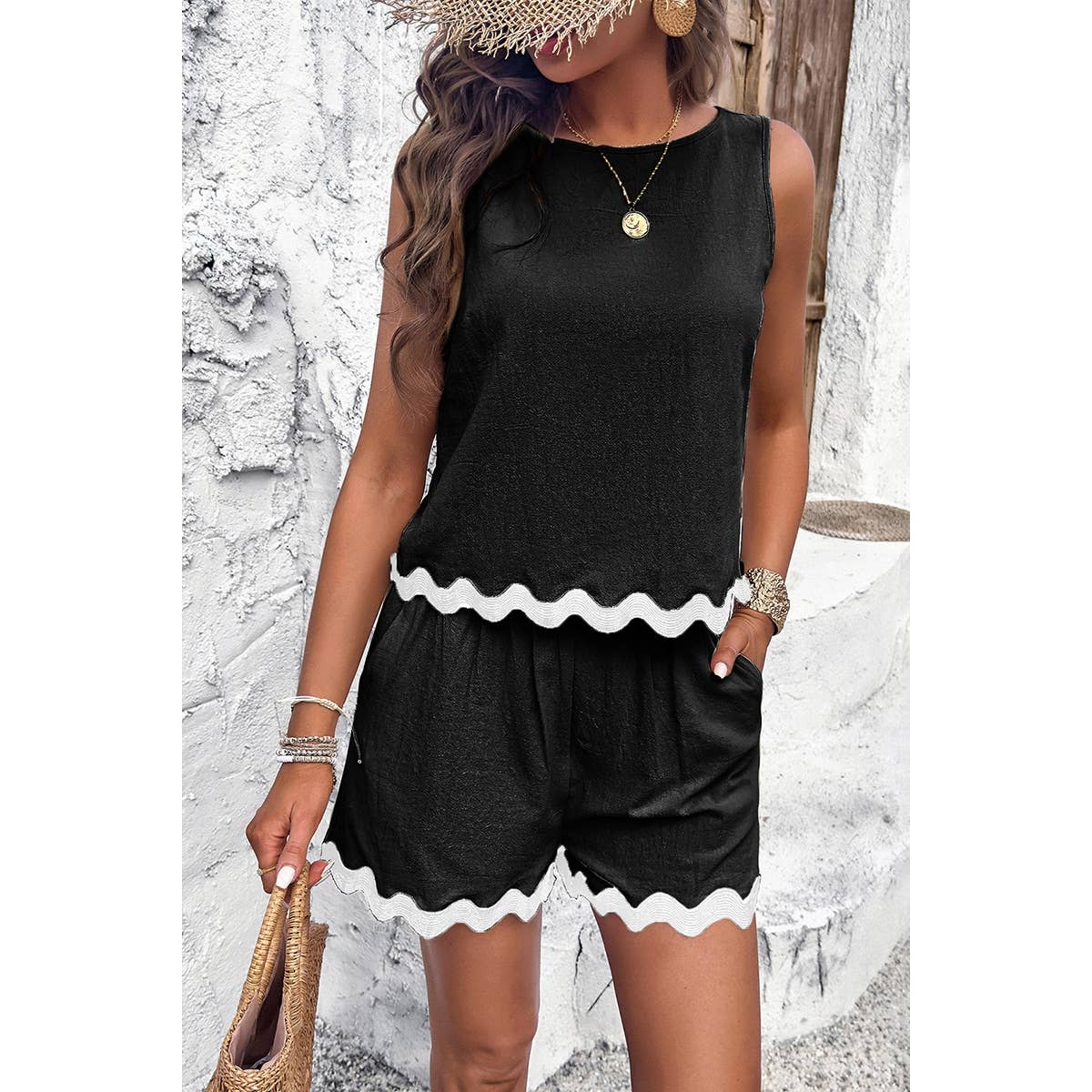 Sleeveless Pockets Shorts Sets