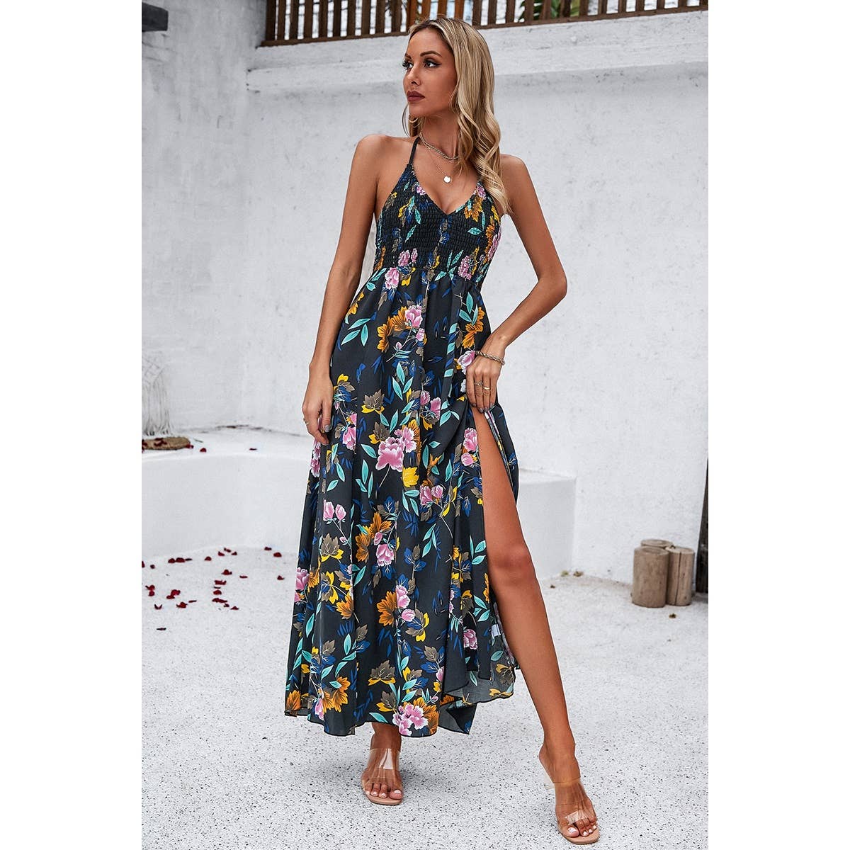 Supreme Fashion - Floral Back Knot Sleeveless Ruched Side Open Dress