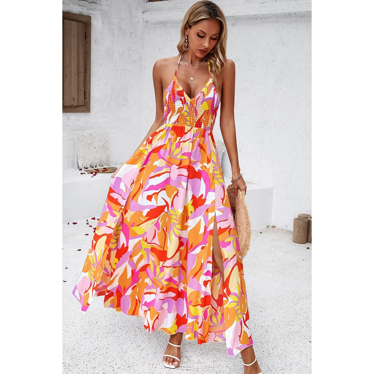 Supreme Fashion - Floral Back Knot Sleeveless Ruched Side Open Dress