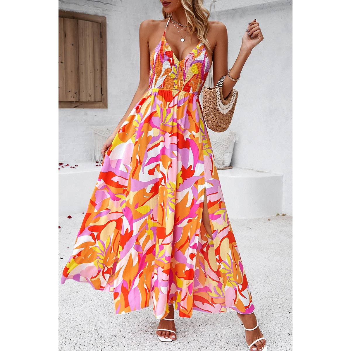 Supreme Fashion - Floral Back Knot Sleeveless Ruched Side Open Dress