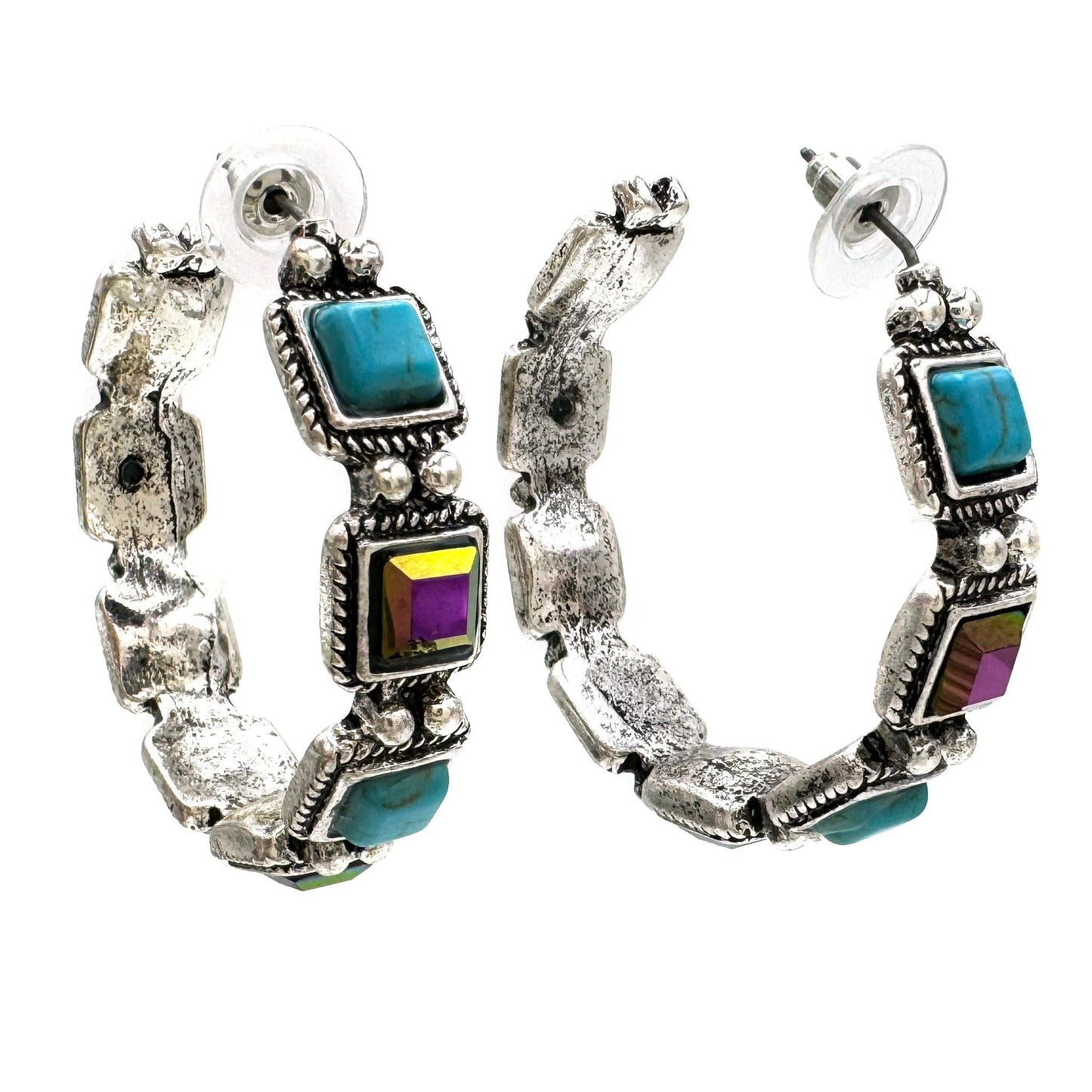 Lunar Deer - Turquoise Amethyst AB Rhinestone Square C Hoop Earrings