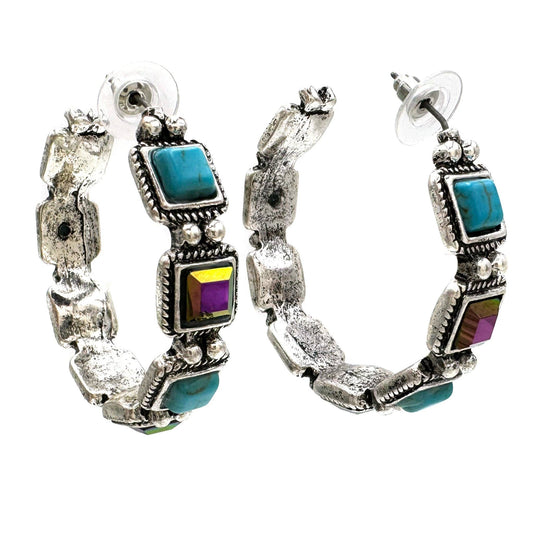 Lunar Deer - Turquoise Amethyst AB Rhinestone Square C Hoop Earrings