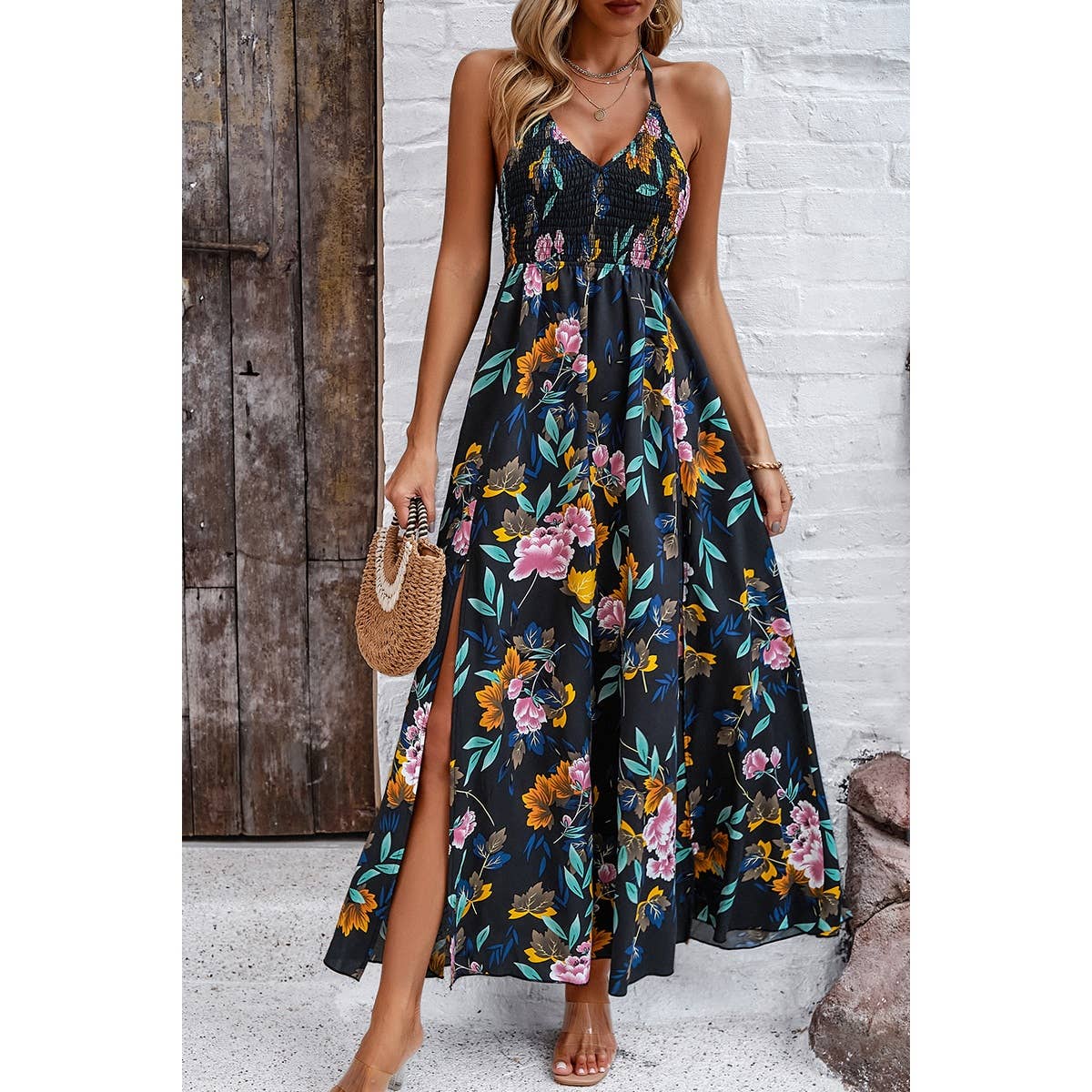 Supreme Fashion - Floral Back Knot Sleeveless Ruched Side Open Dress