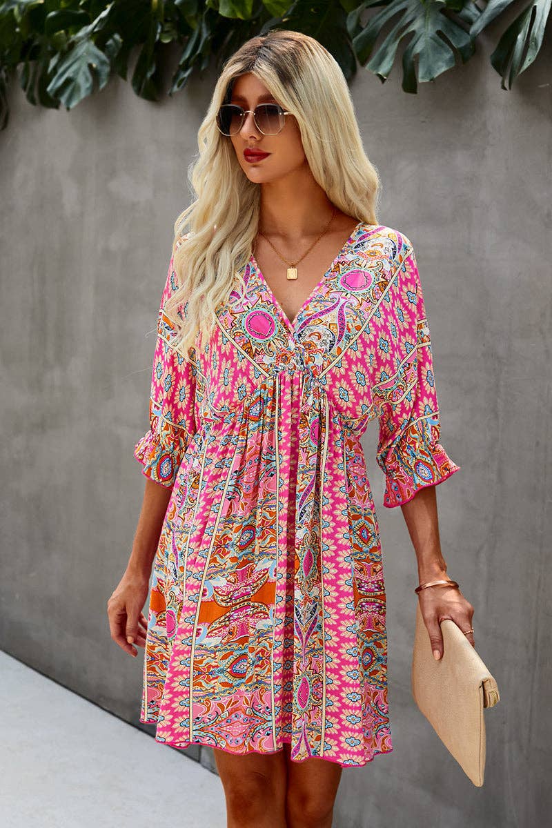 V Neck Half Sleeve Swing Dress