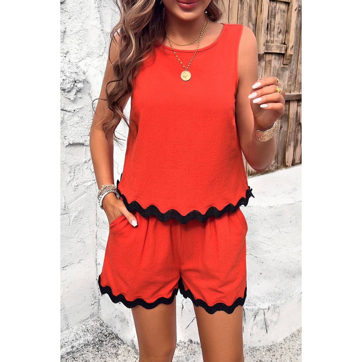 Sleeveless Pockets Shorts Sets