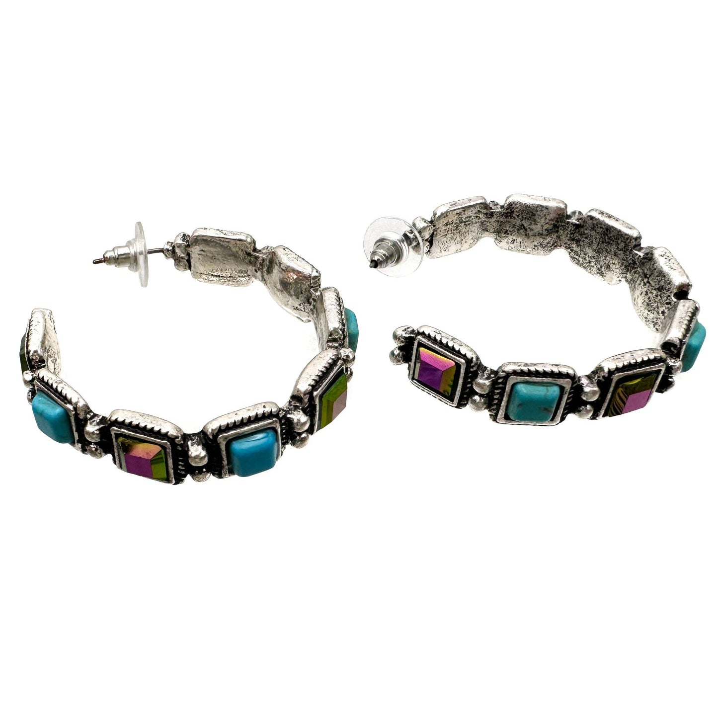 Lunar Deer - Turquoise Amethyst AB Rhinestone Square C Hoop Earrings