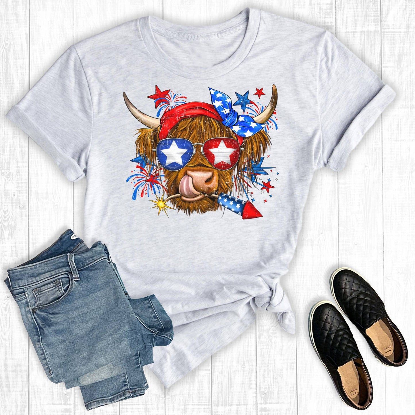 Rebel Rose - July 4th Patriotic Cow  Ash Graphic Tee