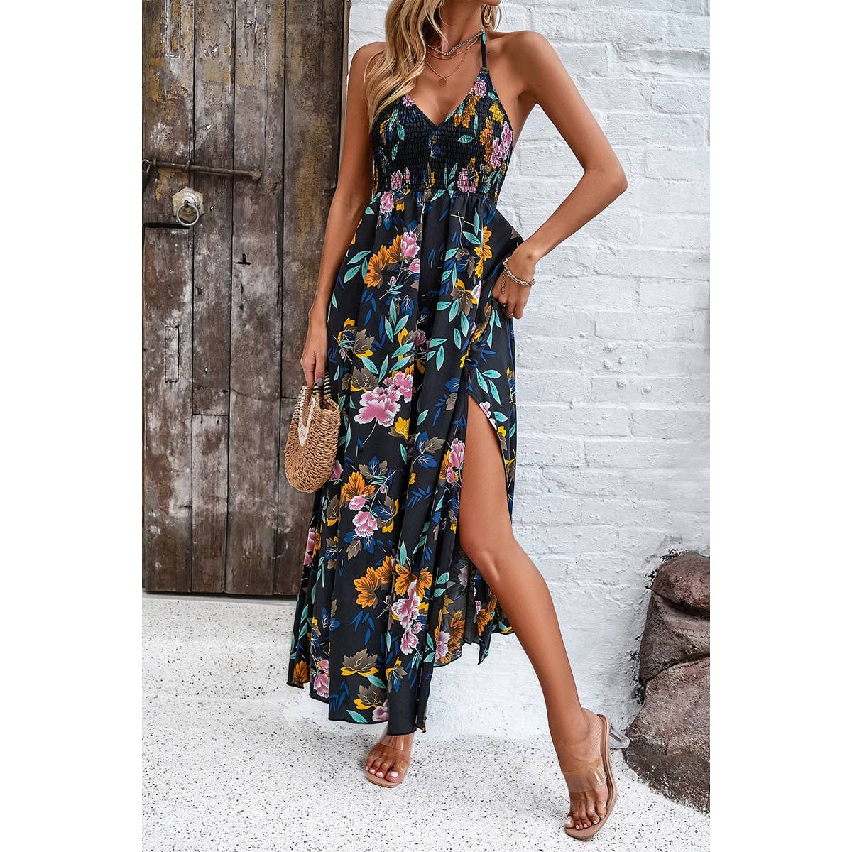 Supreme Fashion - Floral Back Knot Sleeveless Ruched Side Open Dress