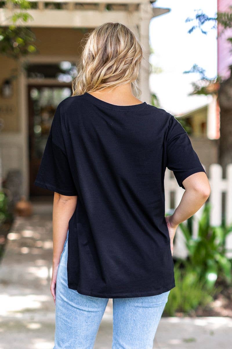 Southern Grace - Sweet Side Oversized Tee with Slit in Black