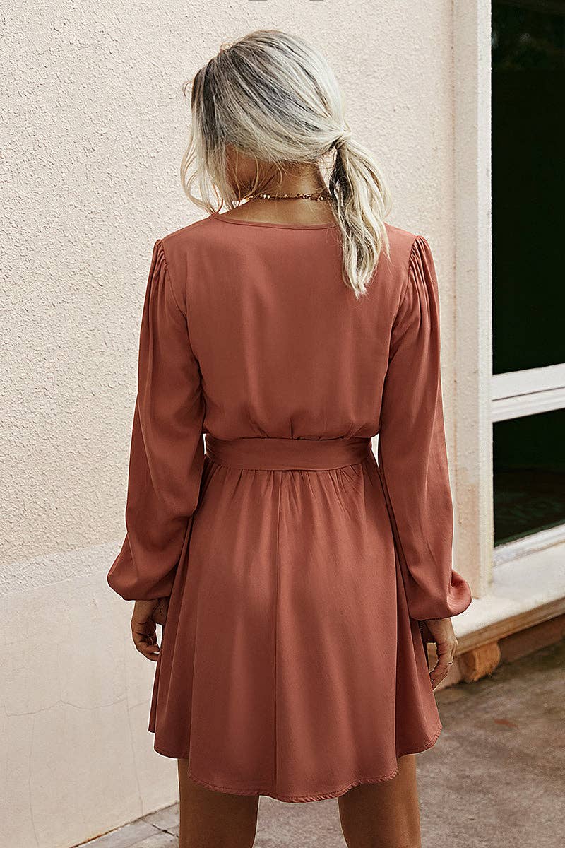 V Neck Belt Long Sleeves Dress