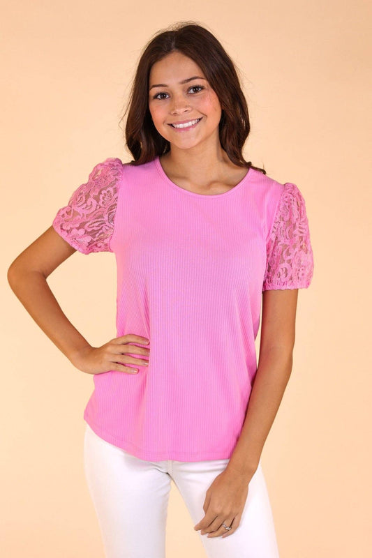 Southern Grace - Pink Ribbed Tee With Lace Puff Sleeve - CLEARANCE