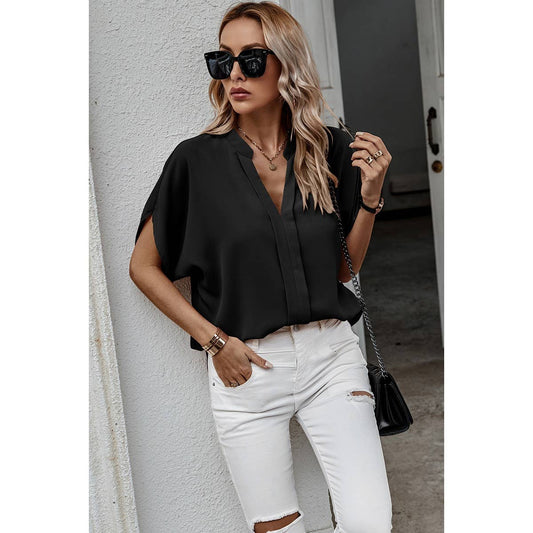 Supreme Fashion - V Neck Solid Loose Fit Half Sleeve Blouse - CLEARANCE