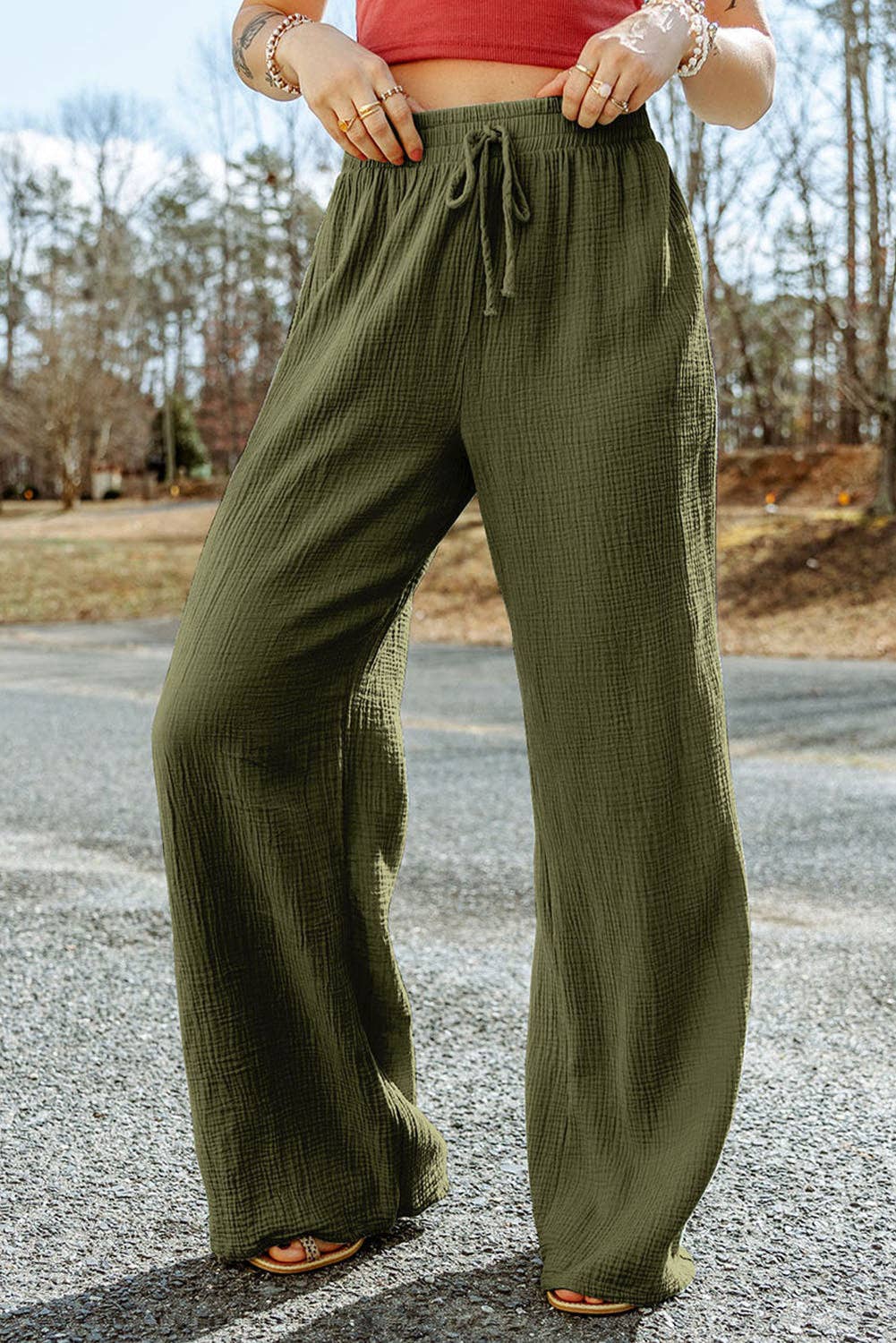 Textured Smocked Wide Leg Pants