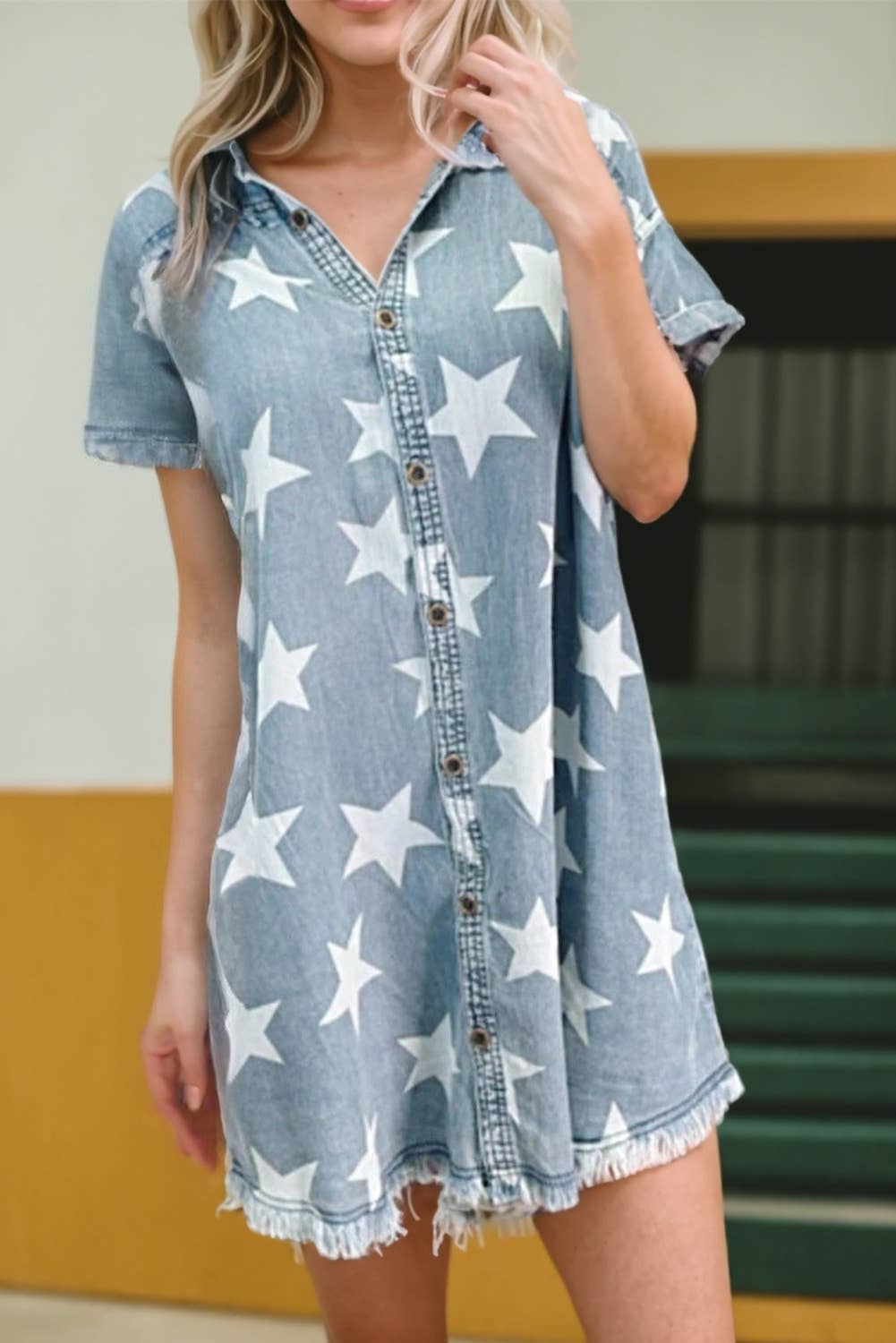 Aapparella - Women Causal Stars Print Collared Denim Shirt Dress | S-XL