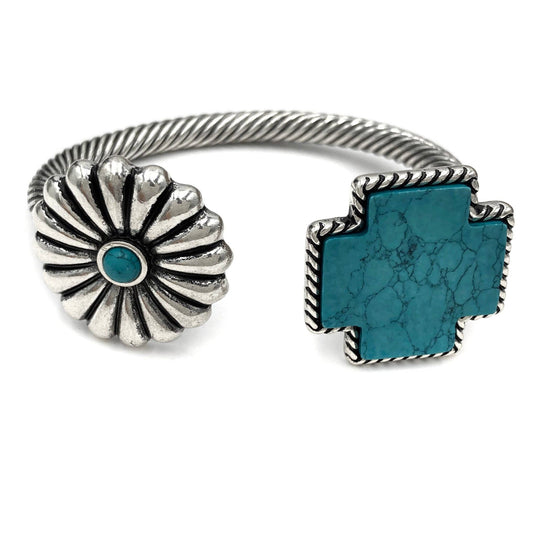 Lunar Deer - Turquoise Concho Cross Western Roped Open Bangle