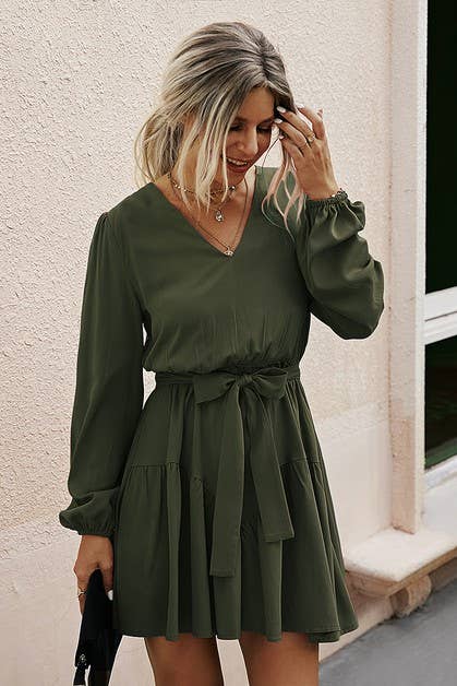 V Neck Belt Long Sleeves Dress