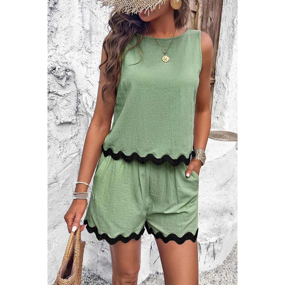 Sleeveless Pockets Shorts Sets