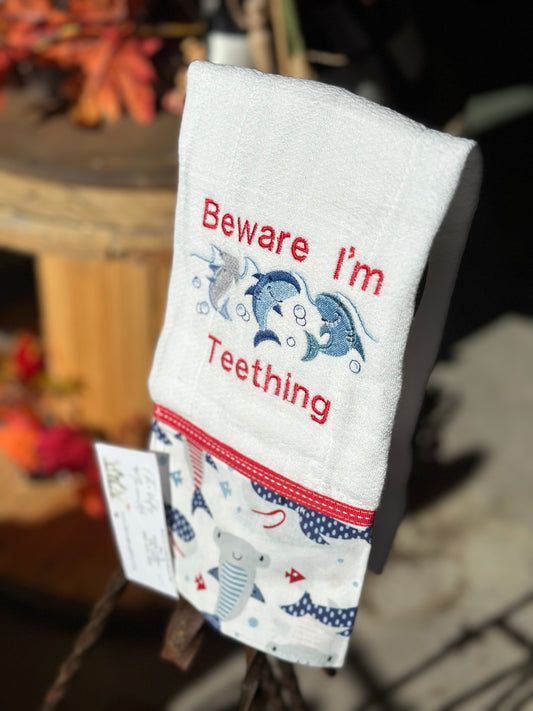 Beware I'm Teething Embroidered Burp Rags