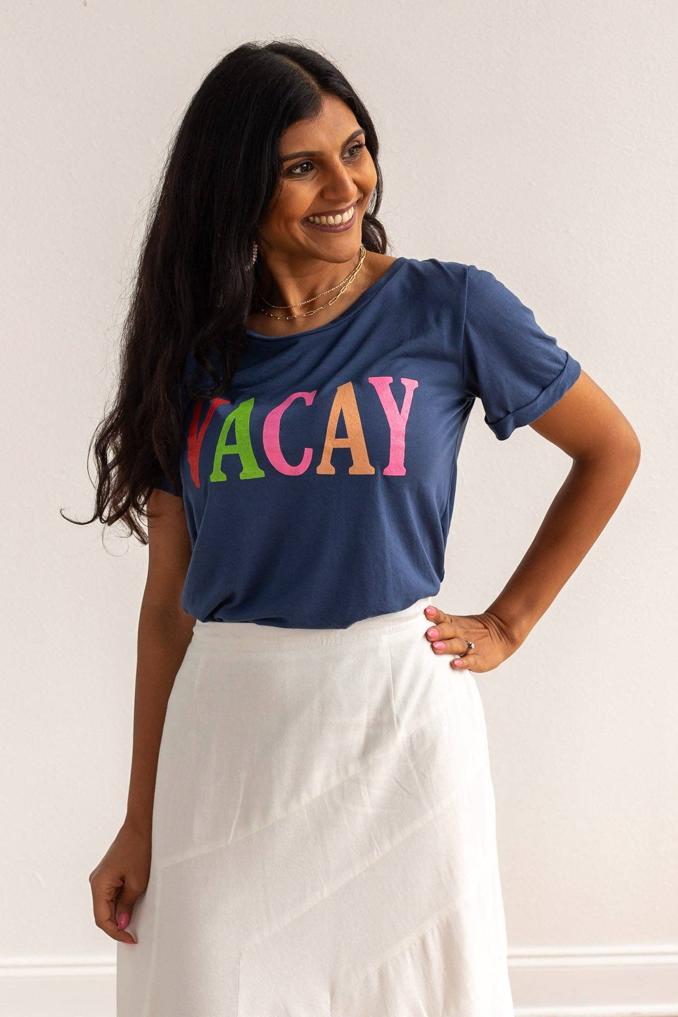 Southern Grace - The Vacay on Navy Crewneck Cuff Tee – Sail Away in Playful Comfort