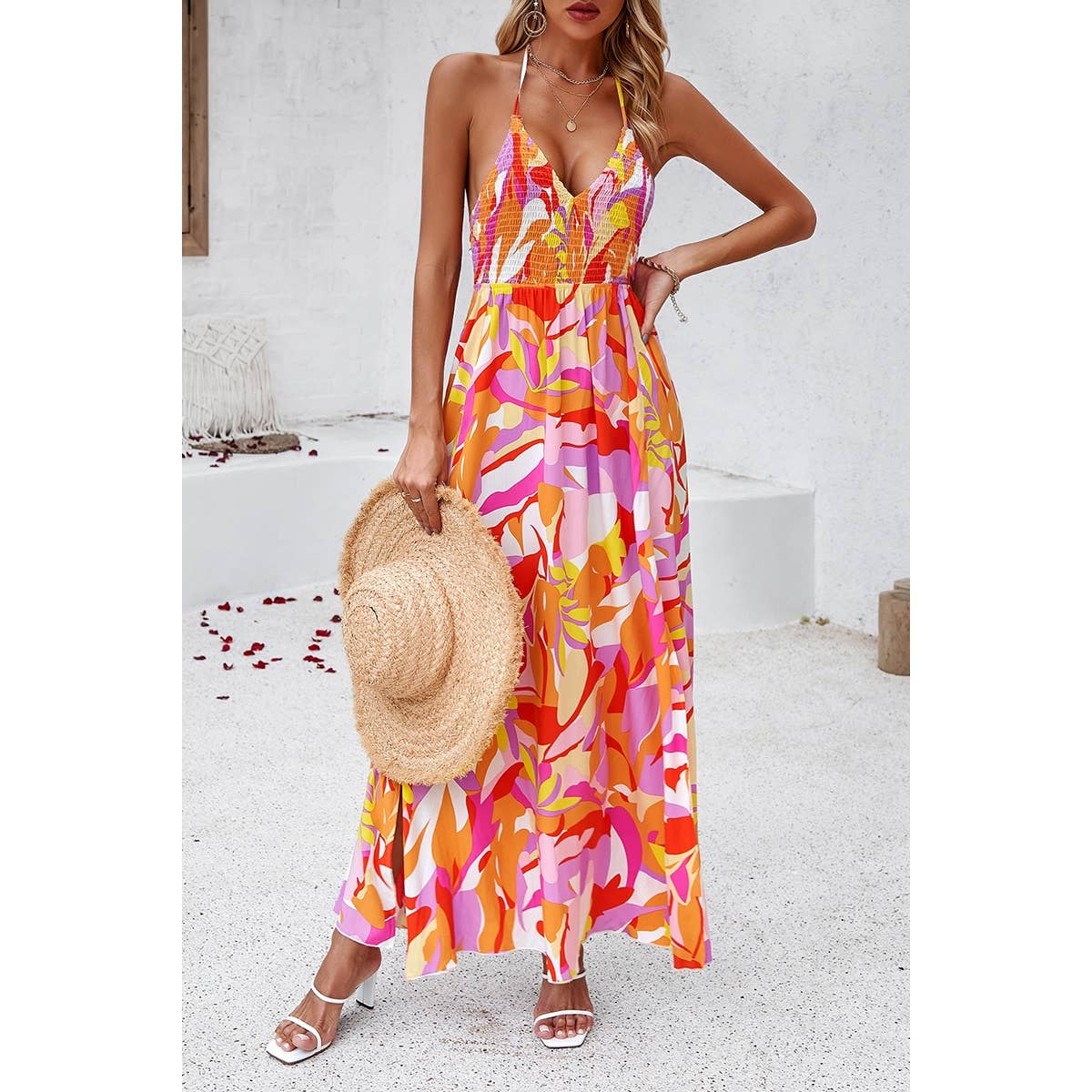 Supreme Fashion - Floral Back Knot Sleeveless Ruched Side Open Dress