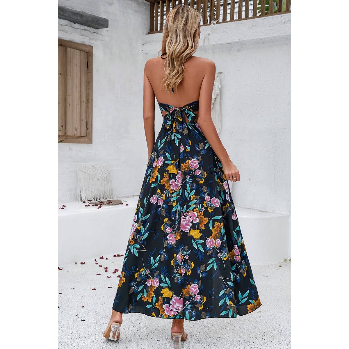 Supreme Fashion - Floral Back Knot Sleeveless Ruched Side Open Dress