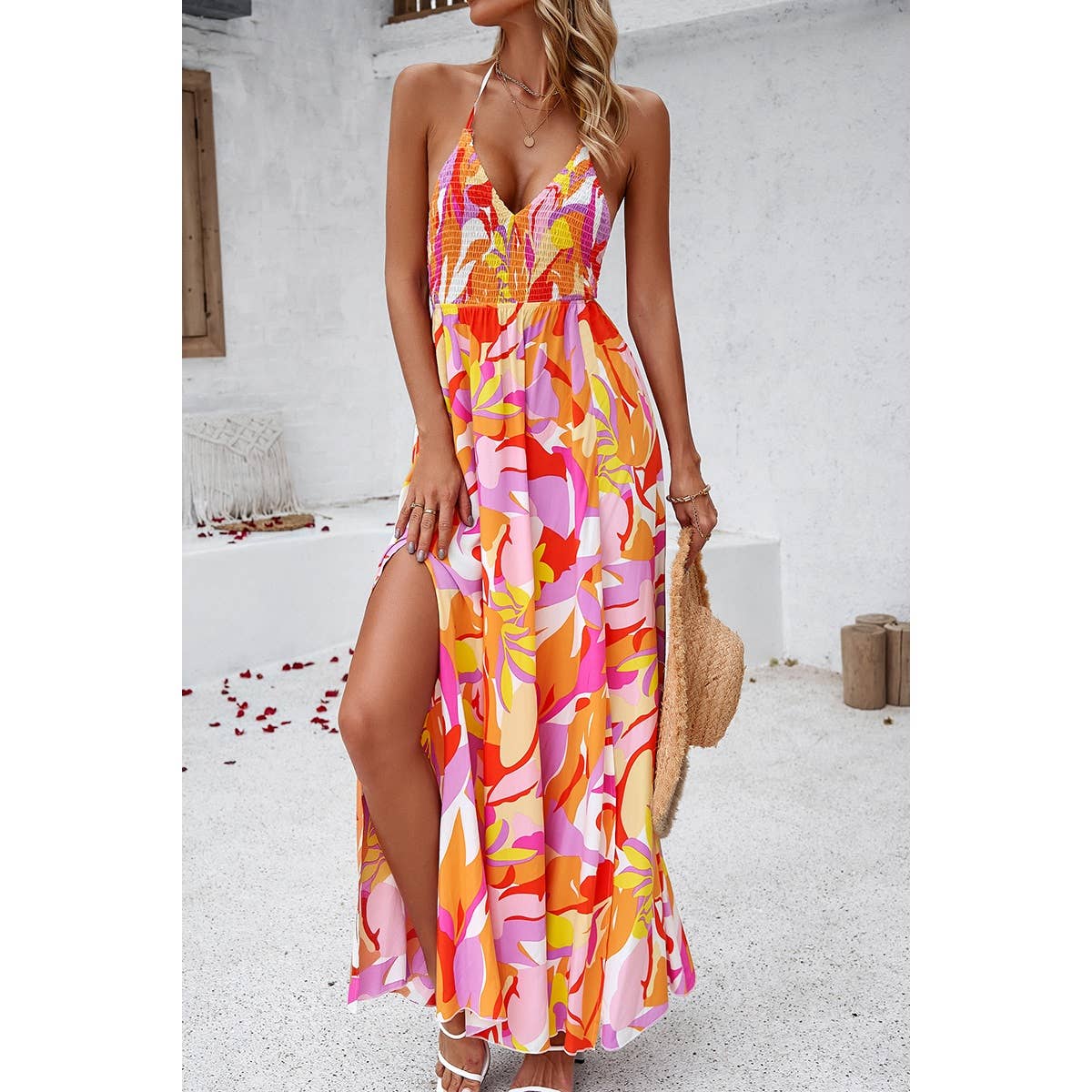 Supreme Fashion - Floral Back Knot Sleeveless Ruched Side Open Dress