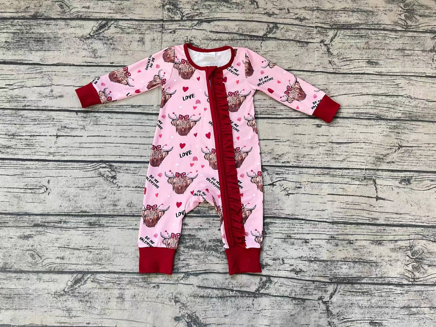 Western Highland Cow Valentines Hearts Zip Romper