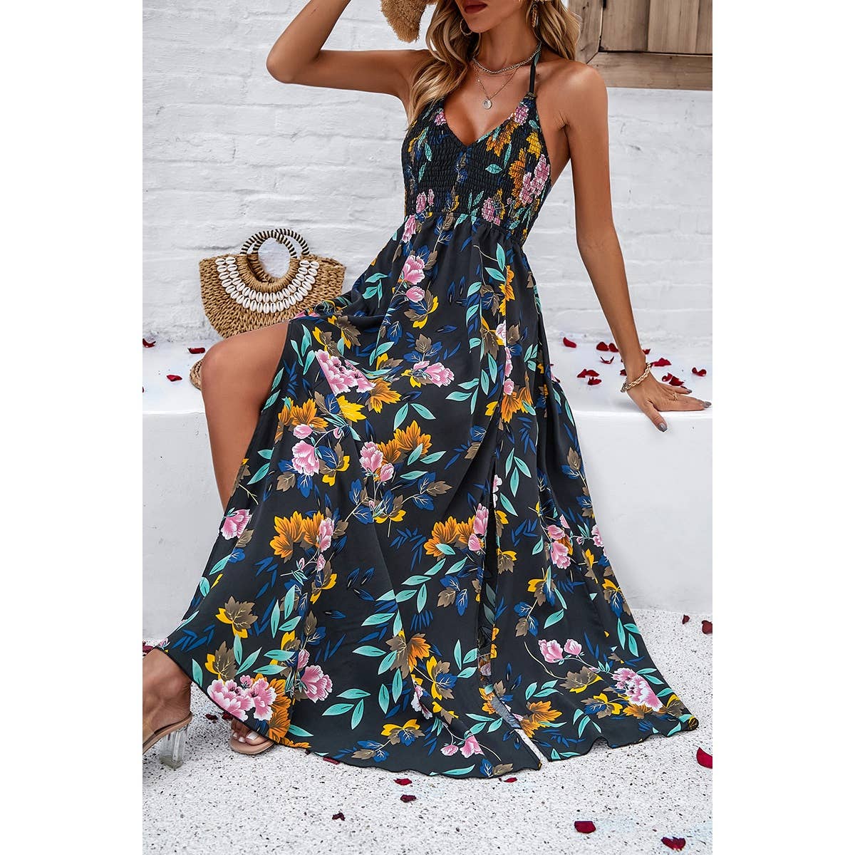 Supreme Fashion - Floral Back Knot Sleeveless Ruched Side Open Dress