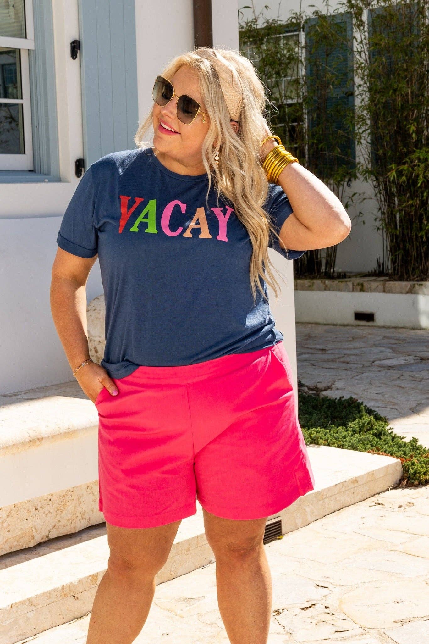 Southern Grace - The Vacay on Navy Crewneck Cuff Tee – Sail Away in Playful Comfort