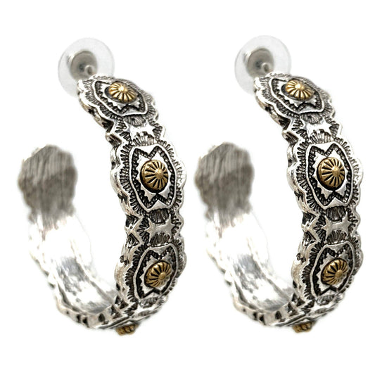 Lunar Deer - Native Pattern Concho Metal C Hoop Earrings