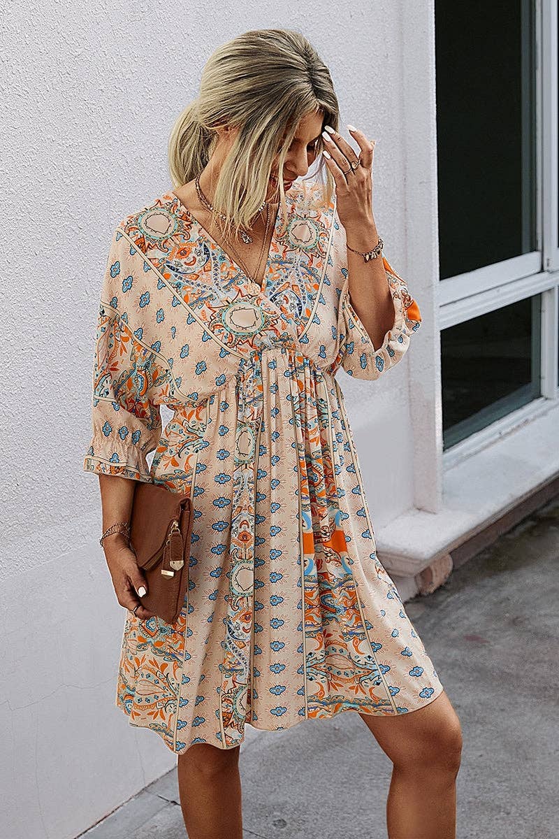 V Neck Half Sleeve Swing Dress