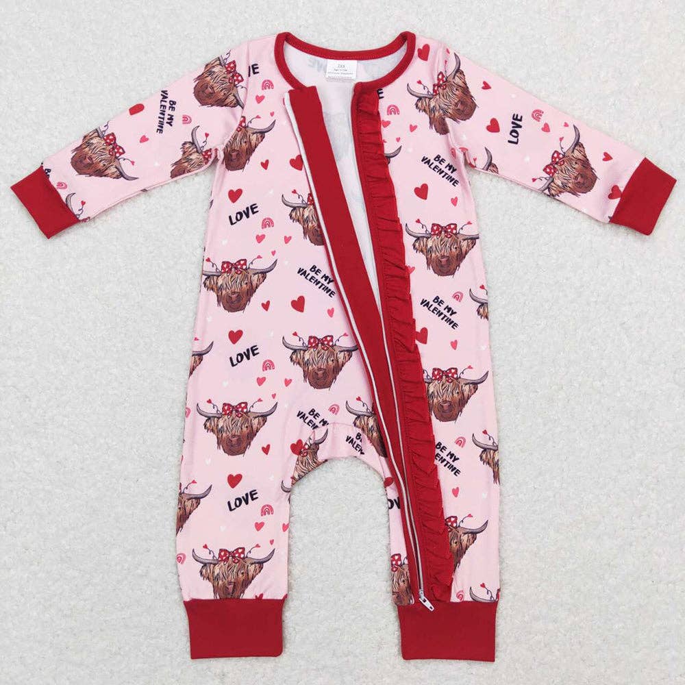 Western Highland Cow Valentines Hearts Zip Romper