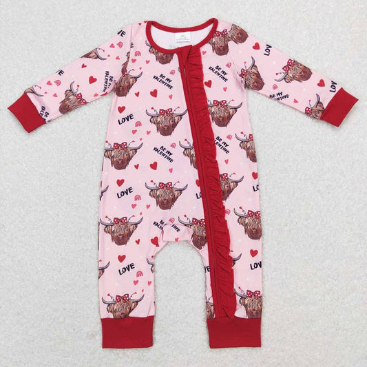 Western Highland Cow Valentines Hearts Zip Romper