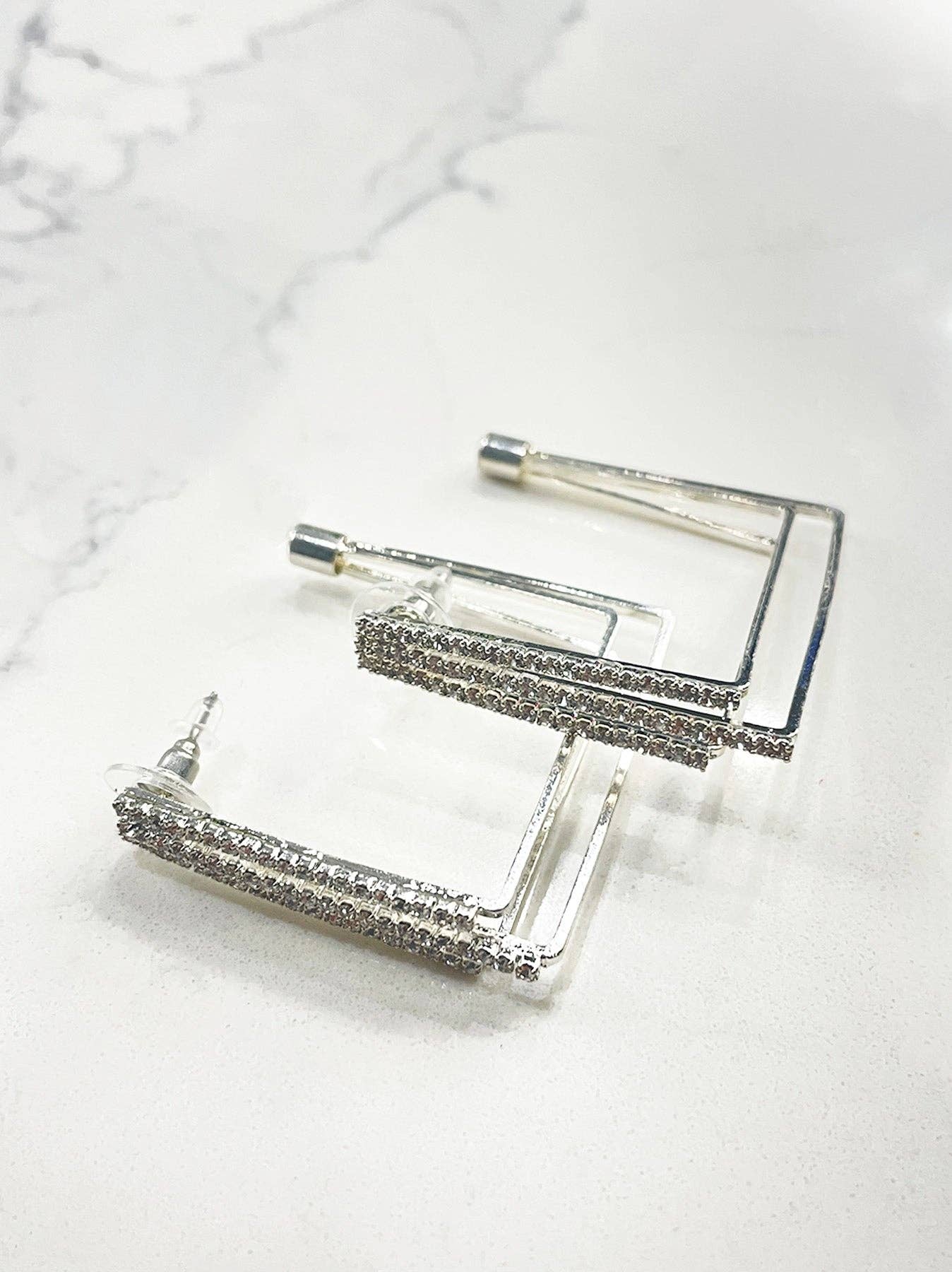 Southern Grace - BACK IN THE CITY SILVER CRYSTAL LAYERED SQUARE HOOP EARRINGS