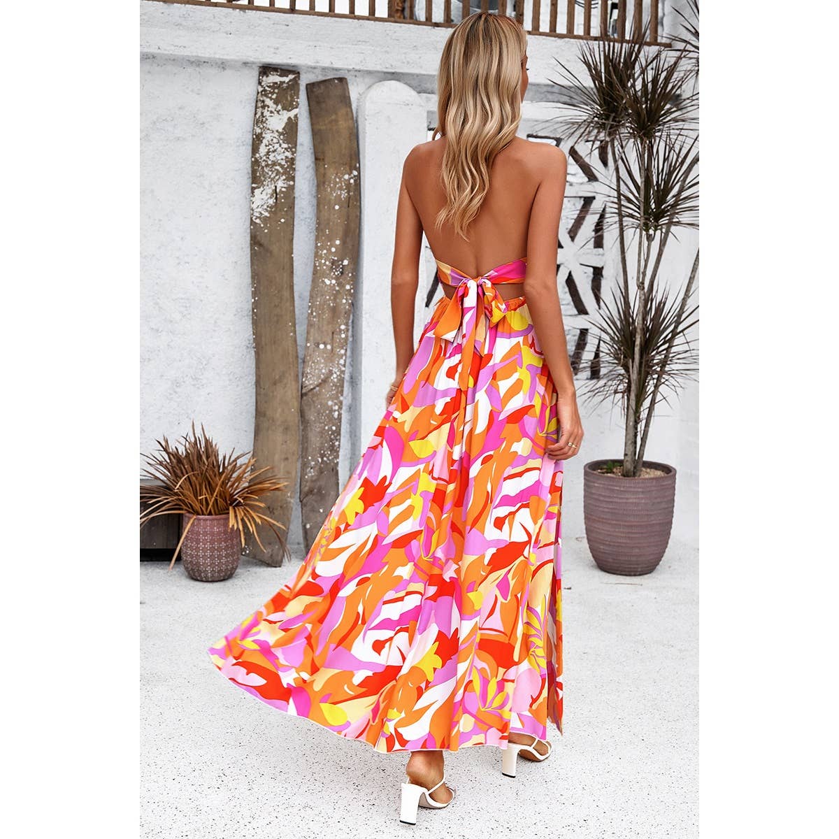 Supreme Fashion - Floral Back Knot Sleeveless Ruched Side Open Dress