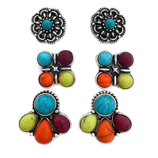 Lunar Deer - Turquoise Multicolor Stone 3 Piece Stud Earrings