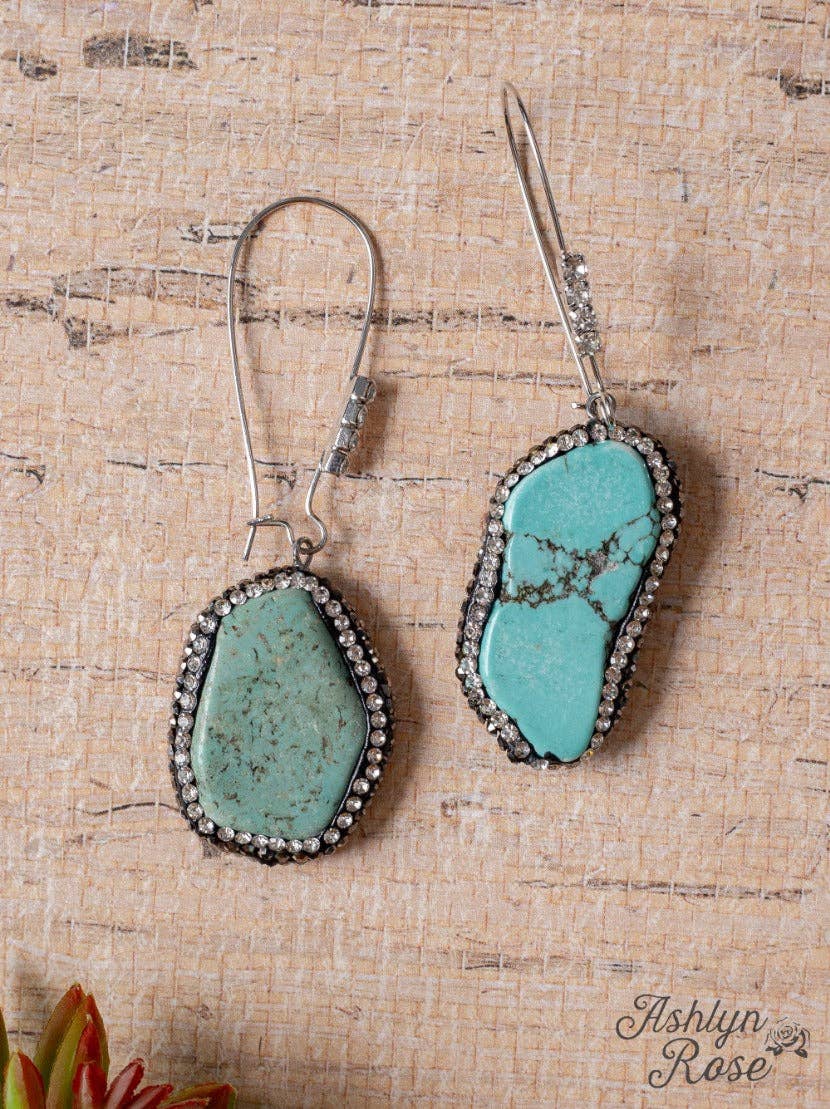 YOU ROCK MY SOUL RHINESTONE TURQUOISE STONE DANGLE EARRINGS